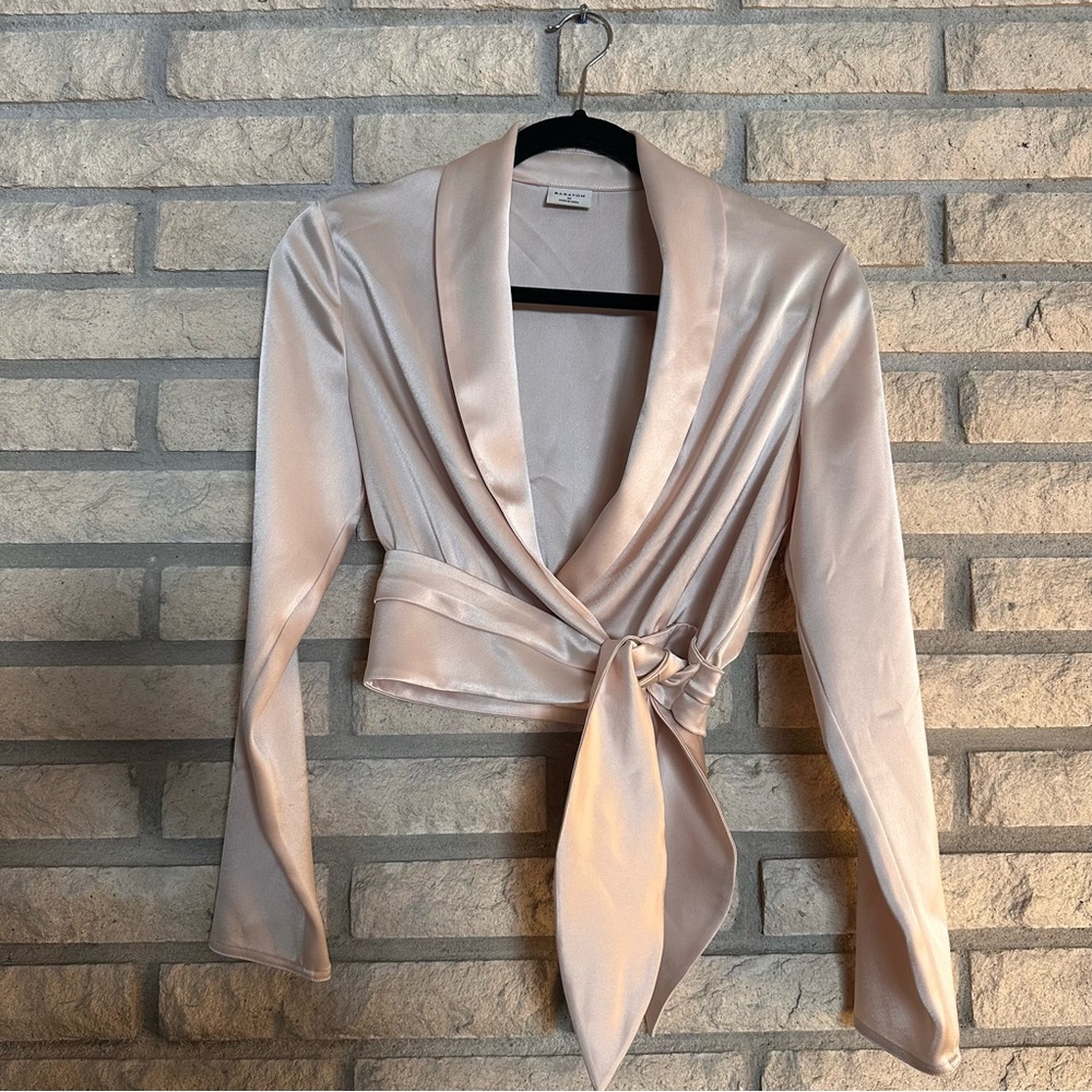Aritzia Champagne Satin Tie Wrap Blouse XS